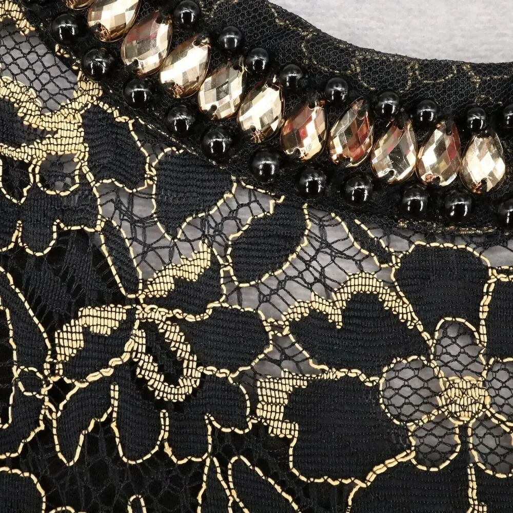 Liz Claiborne Dress Womens 6 Black Gold Lace Rhinestones Lined Formal New